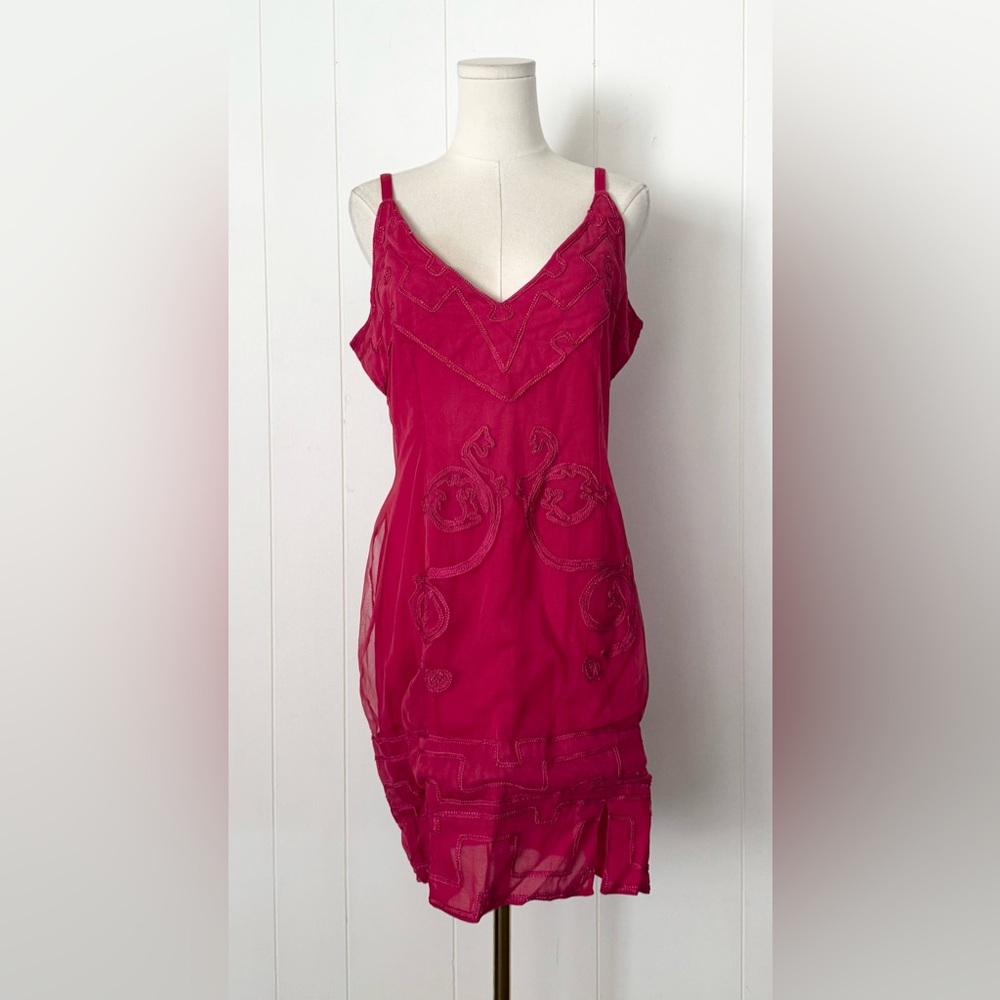 Nataya Embroidered Sheer V-Neck Mini Dress Large Dark Fuschia Pink Bohemian
